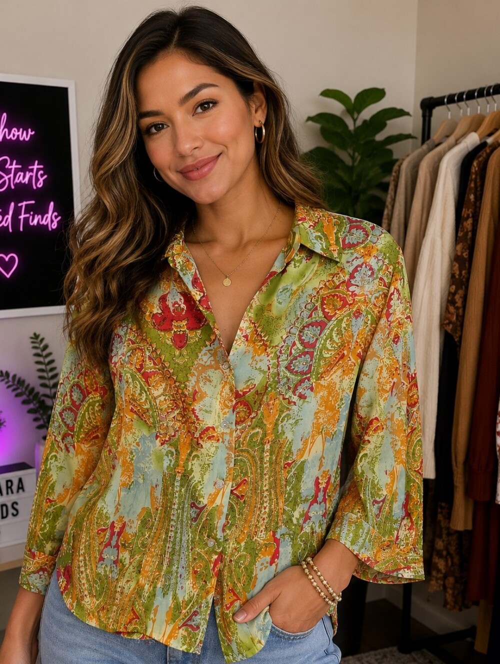 Jaipur Paisley Button-Down Shirt in Green, Orange & Pink